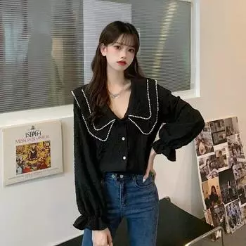 Рубашка больших размеров, женская осенняя тонкая рубашка с длинным рукавом, милые удобные универсальные черные топы L чёрный