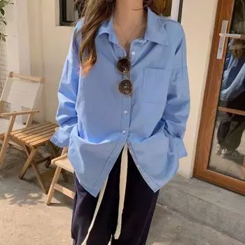 Рубашка большого размера Blue Salt для женщин, весенний стиль, свободная, ленивая, в стиле Гонконга, простая, однотонная, универсальная рубашка, кардиган, куртка S синий