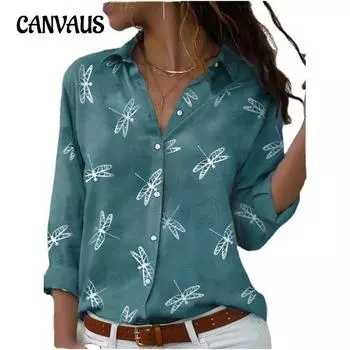 Рубашка большого размера для женщин на весну и осень с принтом стрекозы, с длинным рукавом и лацканами, облегающая модная рубашка S синий