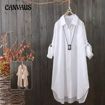 Рубашка большого размера для женщин на весну и осень, литературная, с длинным рукавом, средней длины, свободная, однотонная, повседневная рубашка M белый