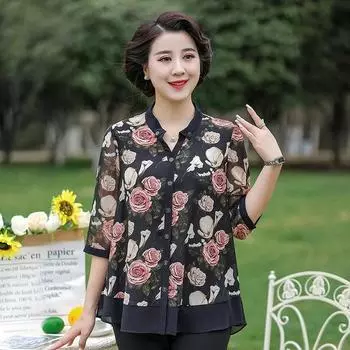 Рубашка большого размера для женщин среднего возраста, легкая, дышащая, модная, свободная, с рукавом три четверти, для мам с принтом, повседневная рубашка 6XL чёрный