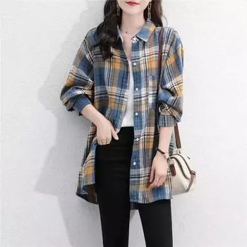 Рубашка большого размера из чистого хлопка в клетку, рубашка средней и длинной длины, корейская версия, свободный крой, утягивающая верхняя одежда, топ XL тёмно-синий
