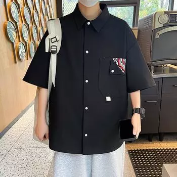 Рубашка большого размера, летняя свободная модная рубашка с короткими рукавами, тонкая мужская пуговица с лацканами L