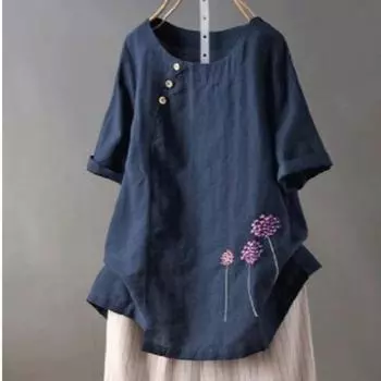 Рубашка большого размера на лето, свободная, стильная, уменьшающая возраст, хлопковая, льняная, вышитая, повседневная, футболка средней и длинной длины, женская M белый