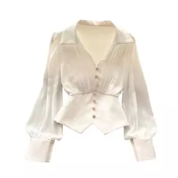 Рубашка большого размера, рубашка с пуговицами, отворотом, v-образным вырезом, стильный пышный декор с длинными рукавами, однотонные топы с неровным подолом M белый