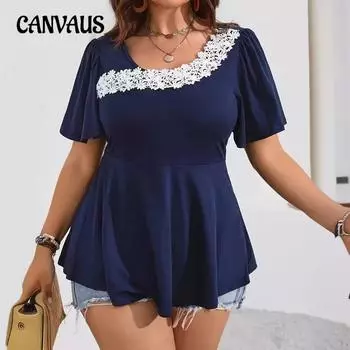 Рубашка большого размера с квадратным вырезом, коротким рукавом, верхом и цветочным кружевом в стиле пэчворк L темно-синий