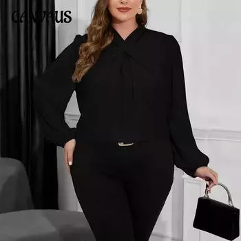 Рубашка большого размера, женская, повседневная, однотонная, с V-образным вырезом, длинным рукавом 0XL чёрный