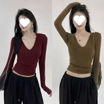 Рубашка-бомбер Maillard, облегающая футболка, женская нижняя одежда на раннюю осень, с длинными рукавами, однотонный, Spice Girl Temperament, универсальный короткий топ S