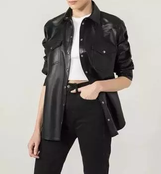 Рубашка черная натуральная женская мягкая ручная работа дизайнерская кожа повседневная стильная овчина S чёрный