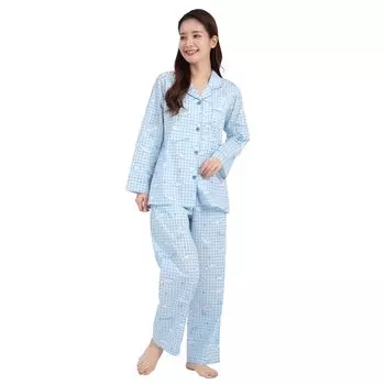 Рубашка Cinnamoroll, длинная, верхняя и нижняя часть, в клетку, Cinnamoroll [SAZAC] Пижама, 100% хлопок, широкополосная, женская, рукава, брюки, комплект, одежда,