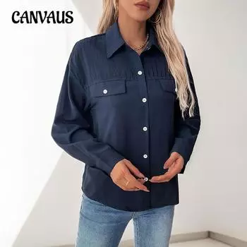 Рубашка Commuter Lapel Shirt Осень Женская Длинный Рукав Кардиган Топы S темно-синий