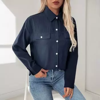 Рубашка Commuter Lapel Shirt Осень Женская Длинный Рукав Кардиган Топы S темно-синий