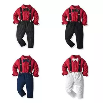 Рубашка цвета вина и брюки на подтяжках для мальчиков на день рождения, вечеринку или выступление - официальная одежда на весну и осень 110cm