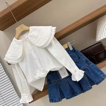 Рубашка для девочек 4-12 лет. Милый комплект для девочек на весну и осень. Двухслойный топ с длинными рукавами и большими лацканами + юбка 110cm белый