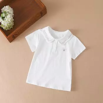 Рубашка для девочек, летняя новая детская милая футболка с короткими рукавами для маленьких девочек, хлопковая рубашка с вышивкой 110 белый