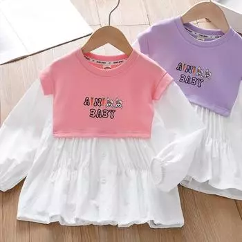 Рубашка для девочек, свитшот с длинными рукавами, новинка 2023 года, детские рубашки, юбка, весенне-осенние детские топы принцессы в Корейском стиле 90 розовый