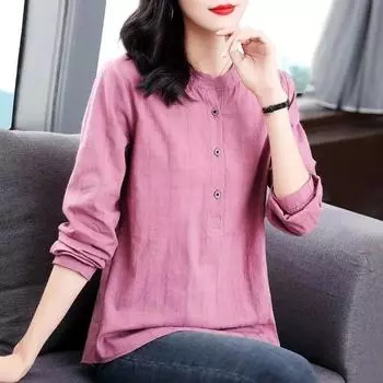 Рубашка для мам больших размеров для женщин, блузка с длинными рукавами, женская свободная рубашка из хлопка средней длины на осень XS розовый