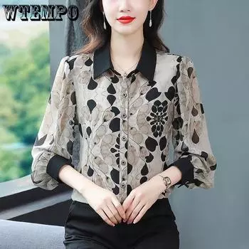 Рубашка для мамы среднего возраста, женская, осенняя, новый стиль, стильный, универсальный, тонкий, с принтом, с длинным рукавом M чёрный