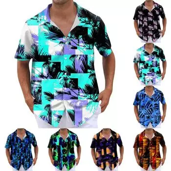 Рубашка для мужчин, мужские винтажные рубашки для боулинга на пуговицах, летняя пляжная рубашка с коротким рукавом L чёрный