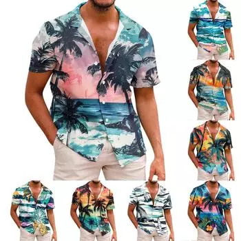 Рубашка для мужчин, повседневная мода, летняя футболка с коротким рукавом и пуговицами, топ с принтом L синий