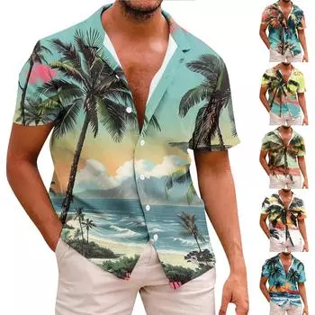 Рубашка для мужчин, повседневная мода, летняя футболка с коротким рукавом и пуговицами, топ с принтом L чёрный