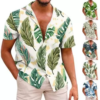 Рубашка для мужчин, повседневная мода, летняя футболка с коротким рукавом и пуговицами, топ с принтом XL синий