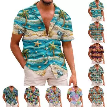 Рубашка для мужчин, повседневная мода, летняя футболка с коротким рукавом и пуговицами, топ с принтом L циан