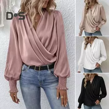 Рубашка для отдыха в стиле шик, женская, элегантная, с V-образным вырезом и рукавами-фонариками, мягкая, стильная, для вечеринок, однотонный топ XL абрикосовый