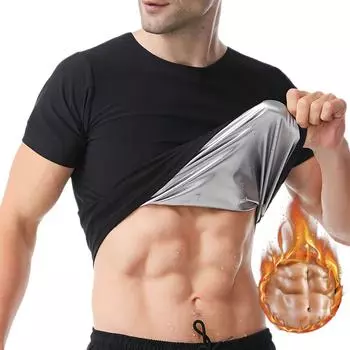 Рубашка для сауны для мужчин, костюм для сауны с коротким рукавом, горячий полимерный пот, формирователь тела, жилет для тренировки талии, футболка для похудения, тренировка в тренажерном зале, топ, корректирующее белье S синий/чёрный