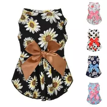 Рубашка для щенков. Футболка с цветочным принтом и подолом. Одежда для девочек-щенков. Майка. M чёрный