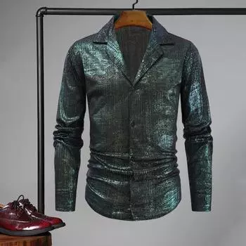 Рубашка для выступлений в клубе с воротником-лацканом, однобортная, с блестящей поверхностью, привлекающая внимание, для вечеринок, ночных клубов, танцев, кардиган средней длины M чёрный