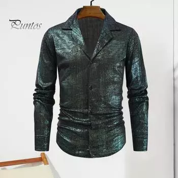 Рубашка для выступлений в клубе с воротником-лацканом, однобортная, с блестящей поверхностью, привлекающая внимание, для вечеринок, ночных клубов, танцев, кардиган средней длины M чёрный