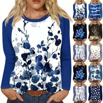 Рубашка для женщин, модная повседневная футболка с рукавом реглан, круглым вырезом и длинным рукавом, свободная футболка с принтом, женский топ XL белый