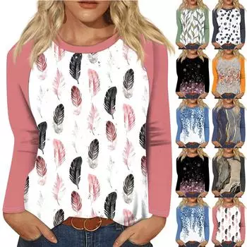 Рубашка для женщин, модная повседневная футболка с рукавом реглан, круглым вырезом и длинным рукавом, свободная футболка с принтом, женский топ M