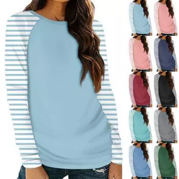 Рубашка для женщин, модная повседневная футболка с рукавом реглан, круглым вырезом и длинным рукавом, свободная футболка с принтом, женский топ S