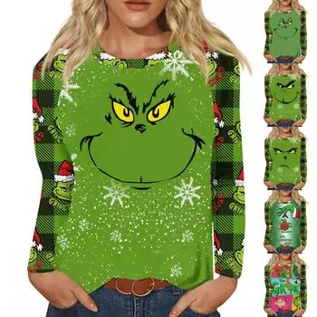 Рубашка для женщин, модная повседневная футболка с рукавом реглан, круглым вырезом и длинным рукавом, свободная футболка с принтом, женский топ XXL