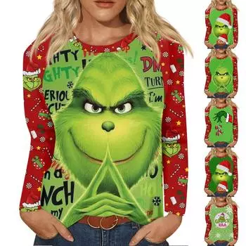 Рубашка для женщин, модная повседневная футболка с рукавом реглан, круглым вырезом и длинным рукавом, свободная футболка с принтом, женский топ L