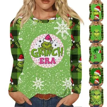 Рубашка для женщин, модная повседневная футболка с рукавом реглан, круглым вырезом и длинным рукавом, свободная футболка с принтом, женский топ XXL