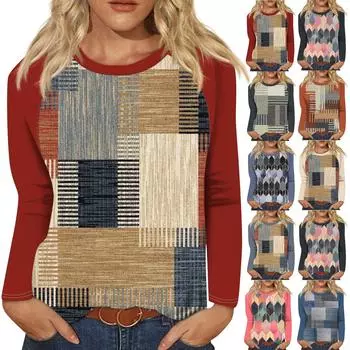 Рубашка для женщин, модная повседневная футболка с рукавом реглан, круглым вырезом и длинным рукавом, свободная футболка с принтом, женский топ M