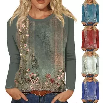 Рубашка для женщин, модная повседневная футболка с рукавом реглан, круглым вырезом и длинным рукавом, свободная футболка с принтом, женский топ XXL красный