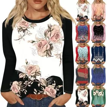 Рубашка для женщин, модная повседневная футболка с рукавом реглан, круглым вырезом и длинным рукавом, свободная футболка с принтом, женский топ S чёрный