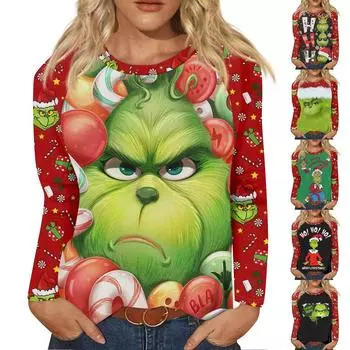 Рубашка для женщин, модная повседневная футболка с рукавом реглан, круглым вырезом и длинным рукавом, свободная футболка с принтом, женский топ XL чёрный