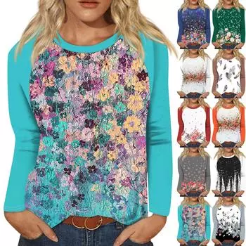 Рубашка для женщин, модная повседневная футболка с рукавом реглан, круглым вырезом и длинным рукавом, свободная футболка с принтом, женский топ L чёрный