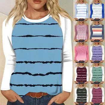 Рубашка для женщин, модная повседневная футболка с рукавом реглан, круглым вырезом и длинным рукавом, свободная футболка с принтом, женский топ XXXL фиолетовый