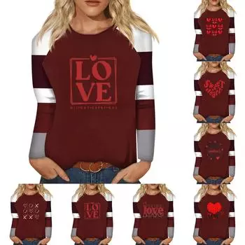 Рубашка для женщин, модная повседневная футболка с рукавом реглан, круглым вырезом и длинным рукавом, свободная футболка с принтом, женский топ M красный