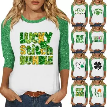 Рубашка для женщин, модная, повседневная, рукав реглан, круглый вырез, рукав 3/4, свободная, с принтом, футболка, топ XXXL зелёный