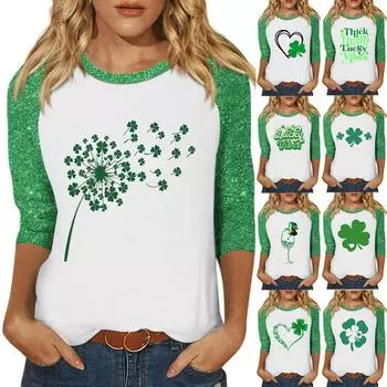 Рубашка для женщин, модная, повседневная, рукав реглан, круглый вырез, рукав 3/4, свободная, с принтом, футболка, топ L армия зеленый