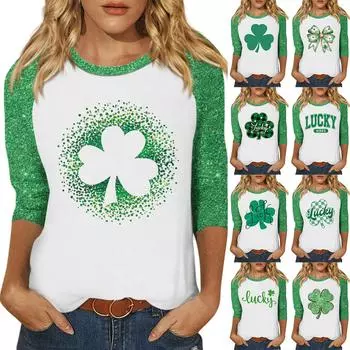 Рубашка для женщин, модная, повседневная, рукав реглан, круглый вырез, рукав 3/4, свободная, с принтом, футболка, топ M