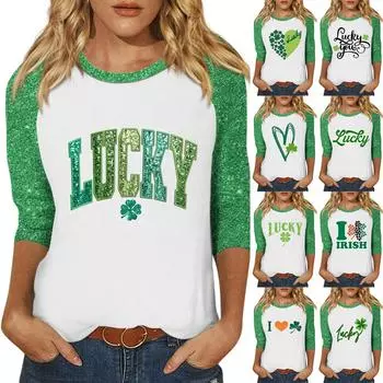 Рубашка для женщин, модная, повседневная, рукав реглан, круглый вырез, рукав 3/4, свободная, с принтом, футболка, топ M