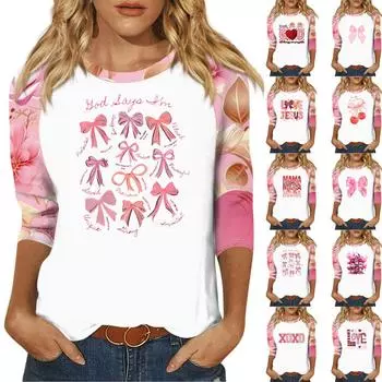Рубашка для женщин, модная, повседневная, рукав реглан, круглый вырез, рукав 3/4, свободная, с принтом, футболка, топ M